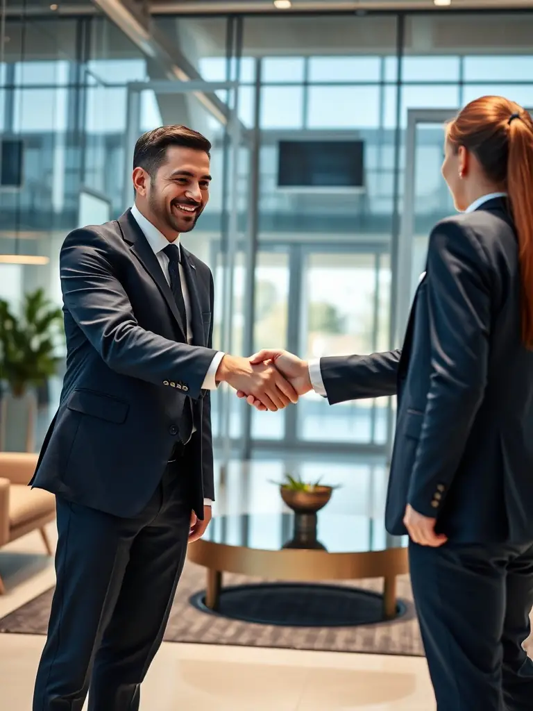 A confident consultant shaking hands with a client in a bright office lobby, symbolizing trusted partnership and successful business collaboration.