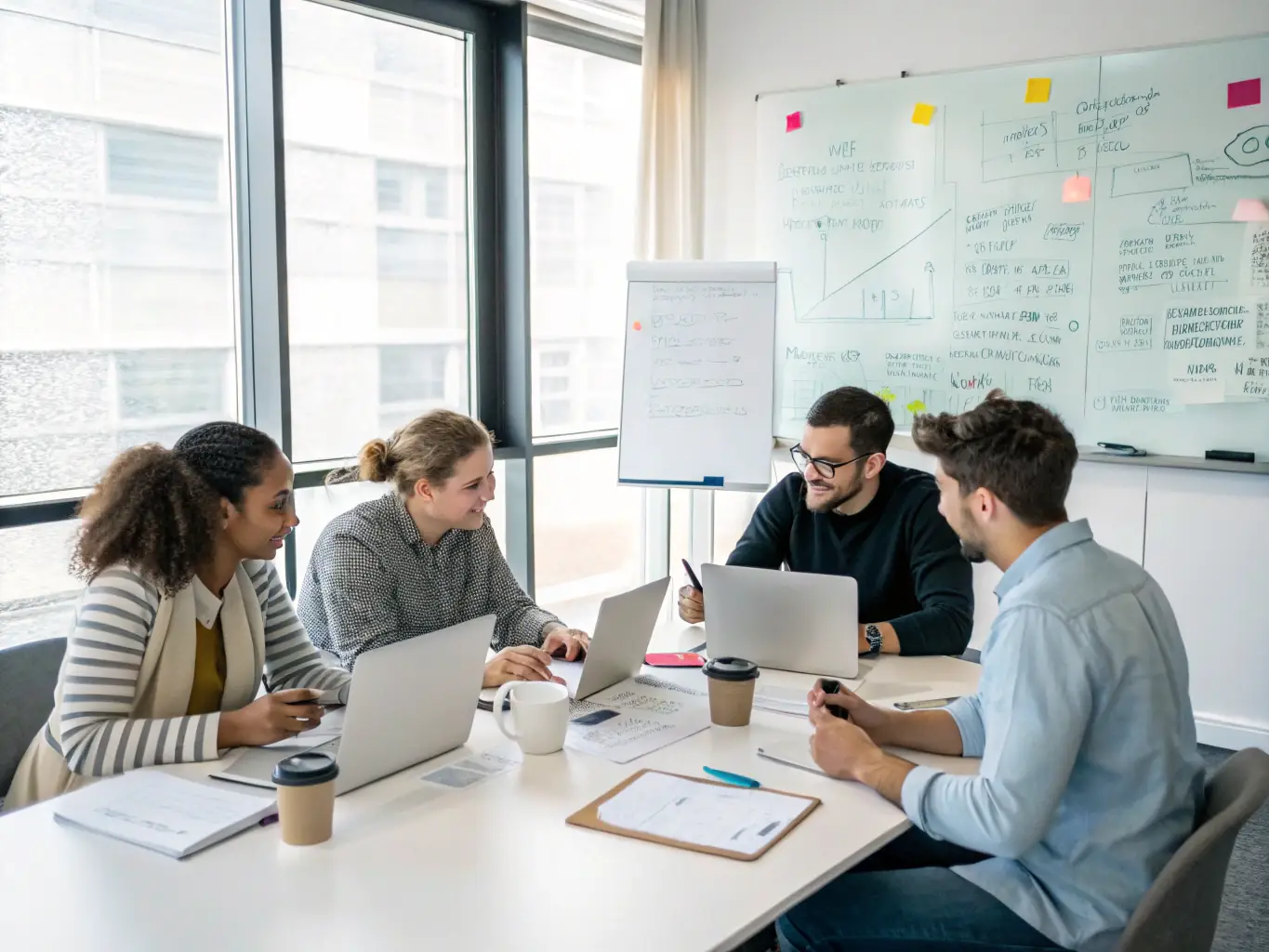 A professional team collaborating around a table with documents and laptops, highlighting teamwork, integrity, and a client-focused approach in a consulting environment.