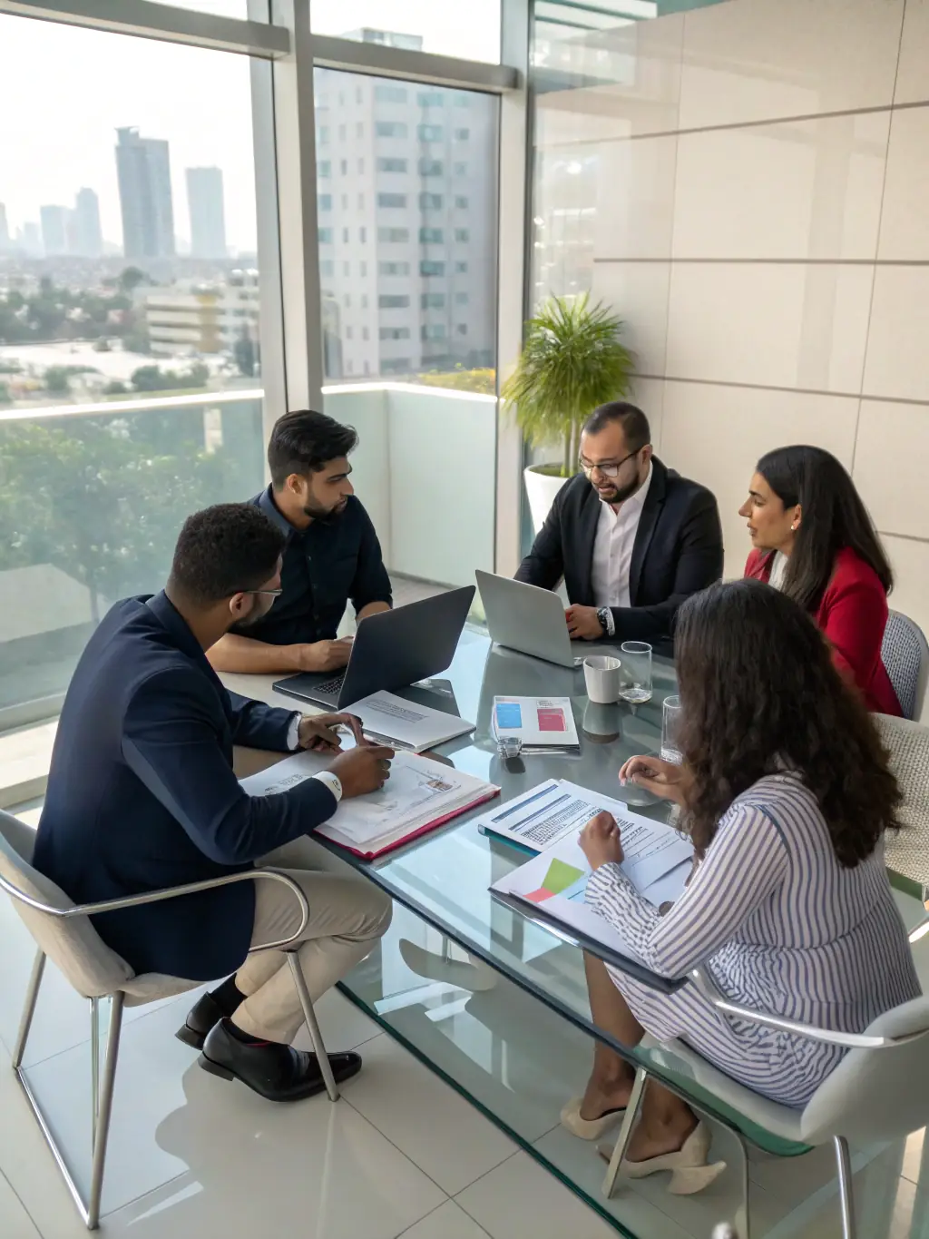 A group of diverse employees discussing benefit options with a consultant, with charts and benefit brochures on the table, in a professional office for a business advisory website.