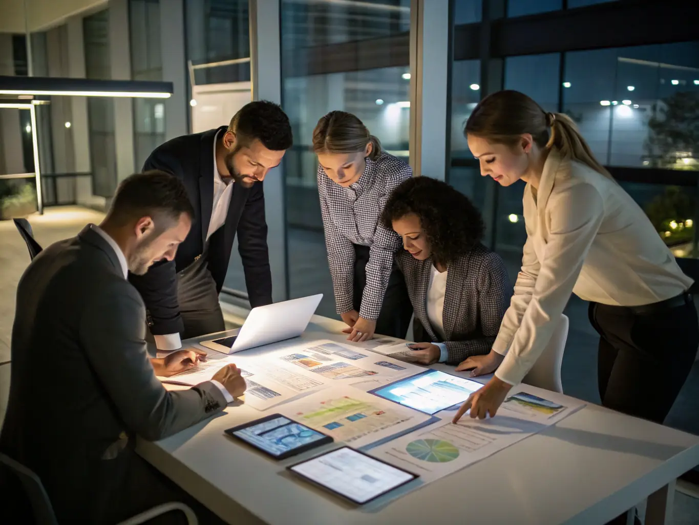 A group of consultants analyzing business data and charts on a large screen, representing expertise and strategic insight in a corporate boardroom setting.
