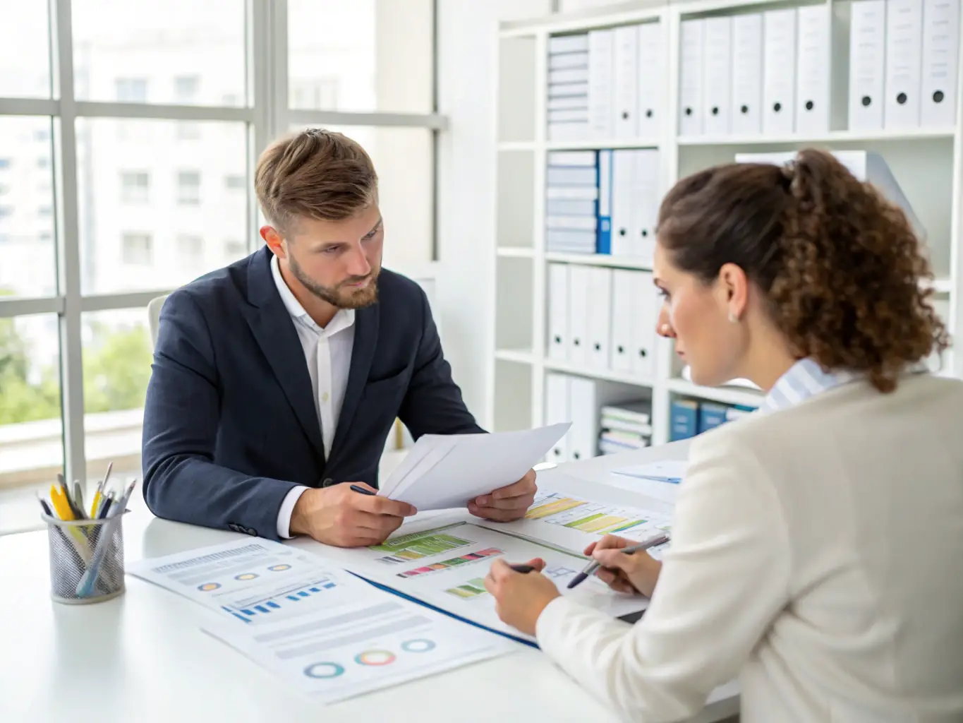 A professional business consultant in a modern office, attentively listening to a business owner and taking notes, symbolizing independent, client-focused guidance and trusted advisory relationships.