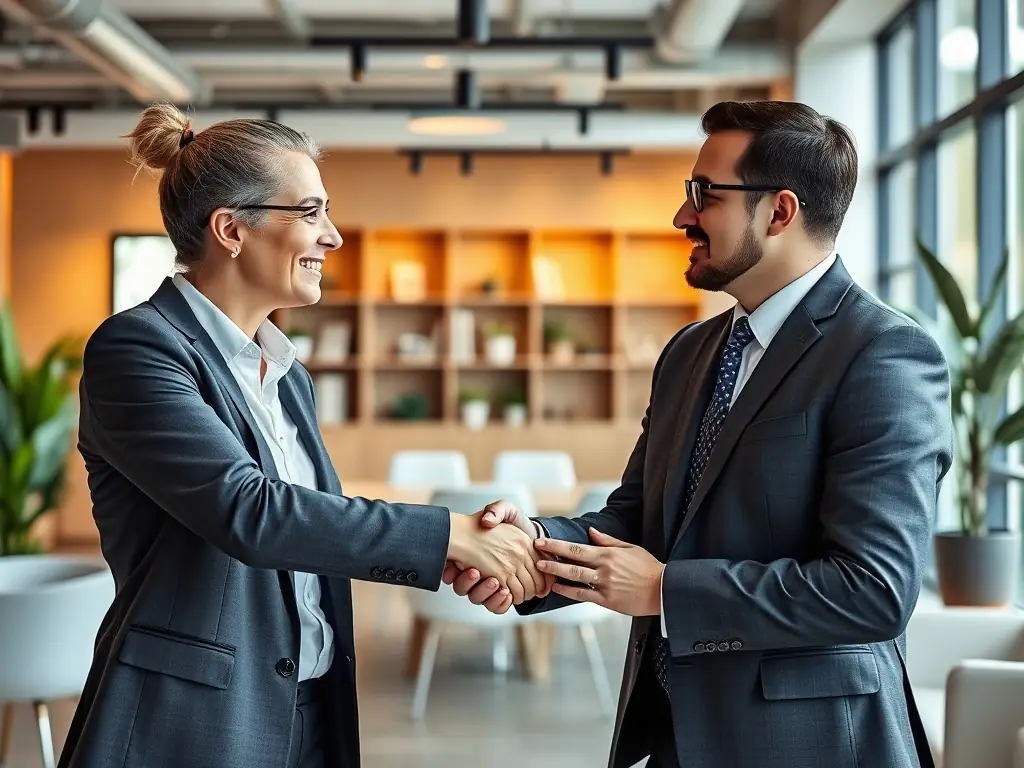 A professional business advisor from Zenith Point Group shaking hands with a partner executive in a modern office, symbolizing trust and collaboration in strategic business partnerships.