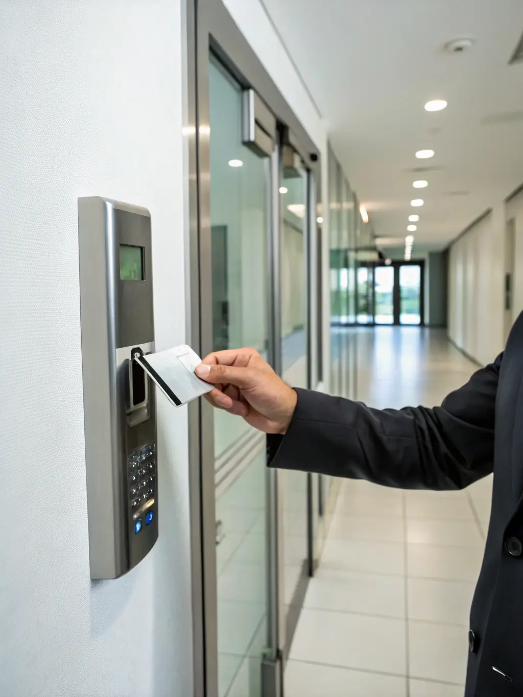 A close-up of a secure access control panel at a business entrance, with an employee using a keycard, highlighting controlled access for staff and visitors.