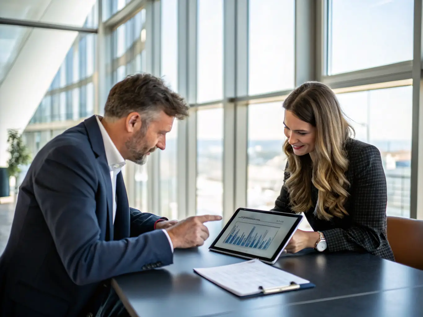 A consultant and client reviewing a customized business strategy on a digital tablet, with charts and graphs visible, representing personalized service and tailored solutions for business growth.
