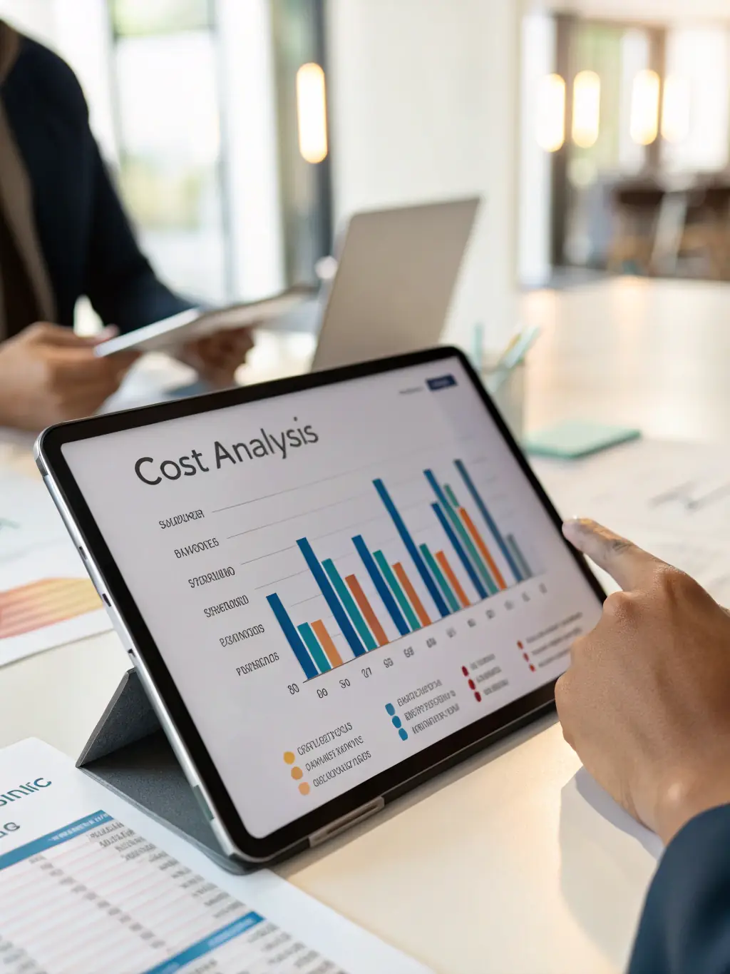 A close-up of hands analyzing printed cost reports and highlighting savings on a digital tablet, set in a bright, executive boardroom environment for a consulting firm’s website.