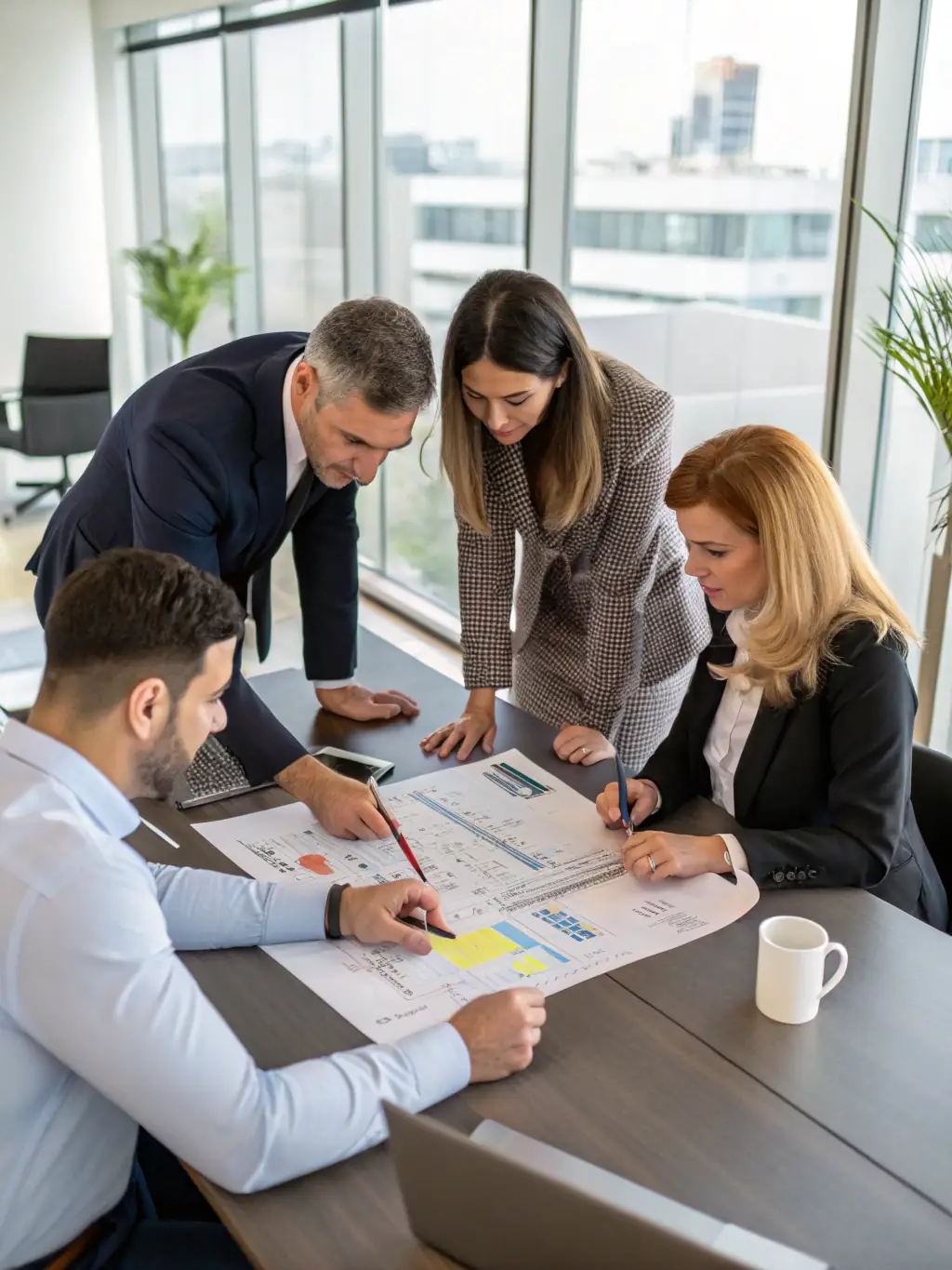 An executive team of diverse professionals collaborating around a large strategy map, with charts, graphs, and business documents spread across a modern conference table, conveying strategic planning in a corporate setting.