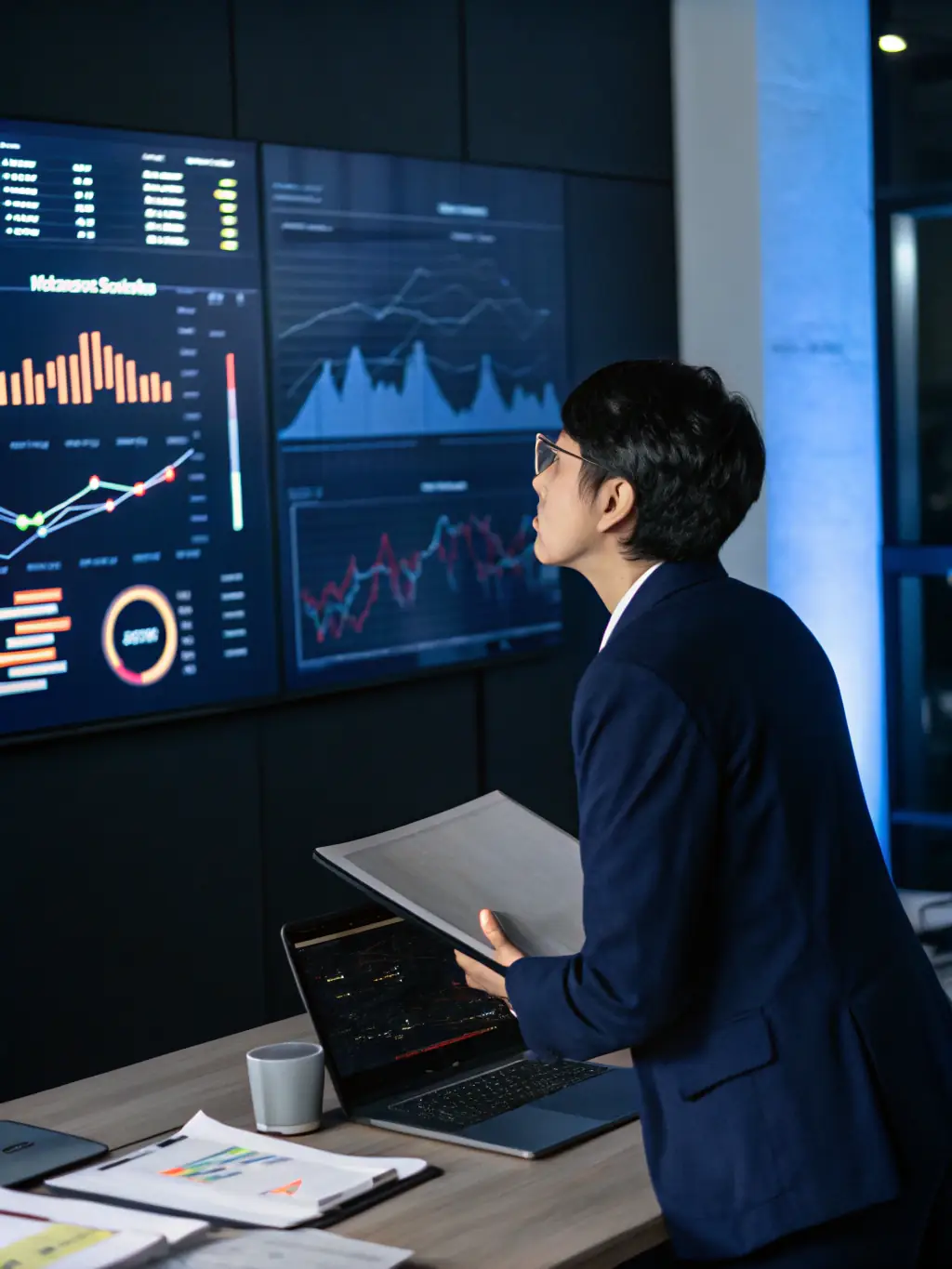 A professional business consultant in a modern office, reviewing a digital dashboard with charts and communication tools, symbolizing streamlined business communications for executive clients.