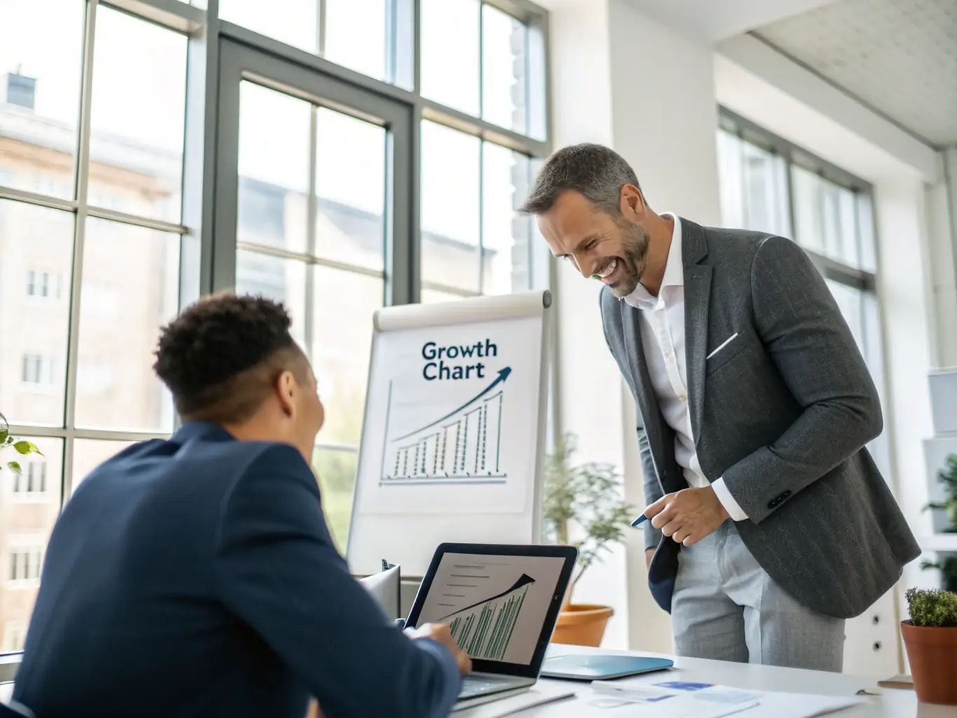 A confident business owner reviewing a growth plan with a Zenith consultant and a partner specialist, highlighting the results-driven outcomes of strategic alliances.