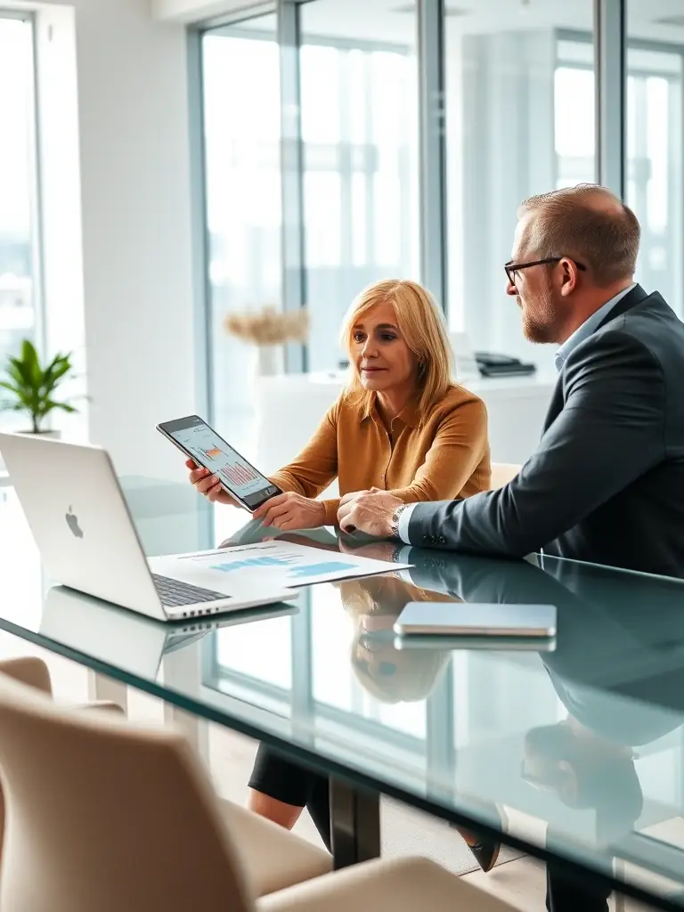 A professional consultant and client reviewing workflow diagrams and process charts on a digital tablet, highlighting areas for operational improvement in a bright office environment.