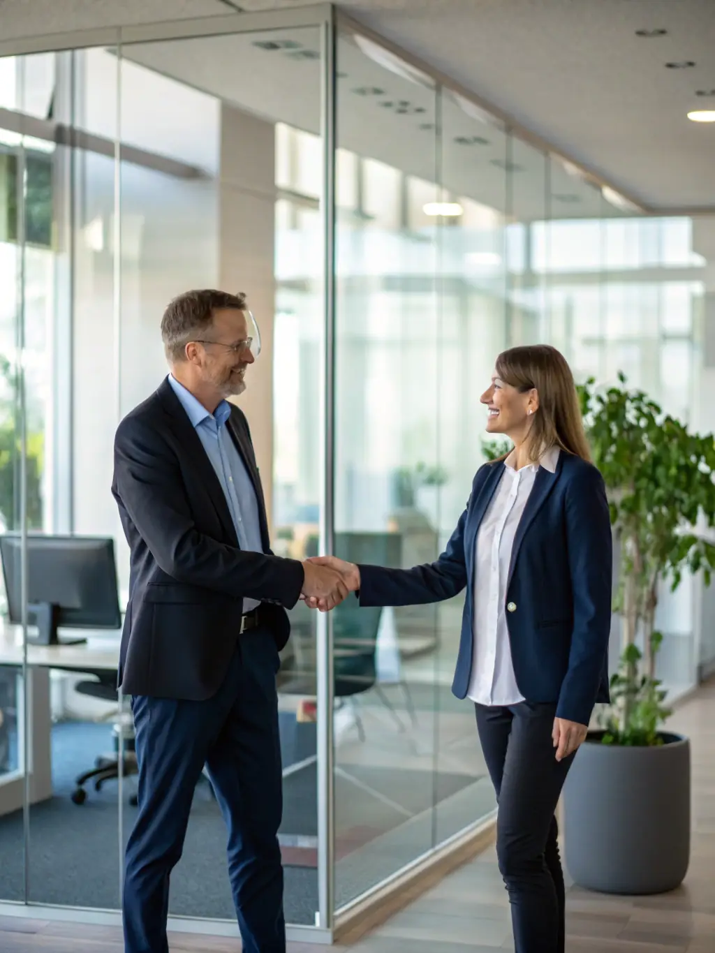 A confident business owner shaking hands with a consultant after reviewing financing documents, with a laptop and financial graphs visible, in a modern office setting.