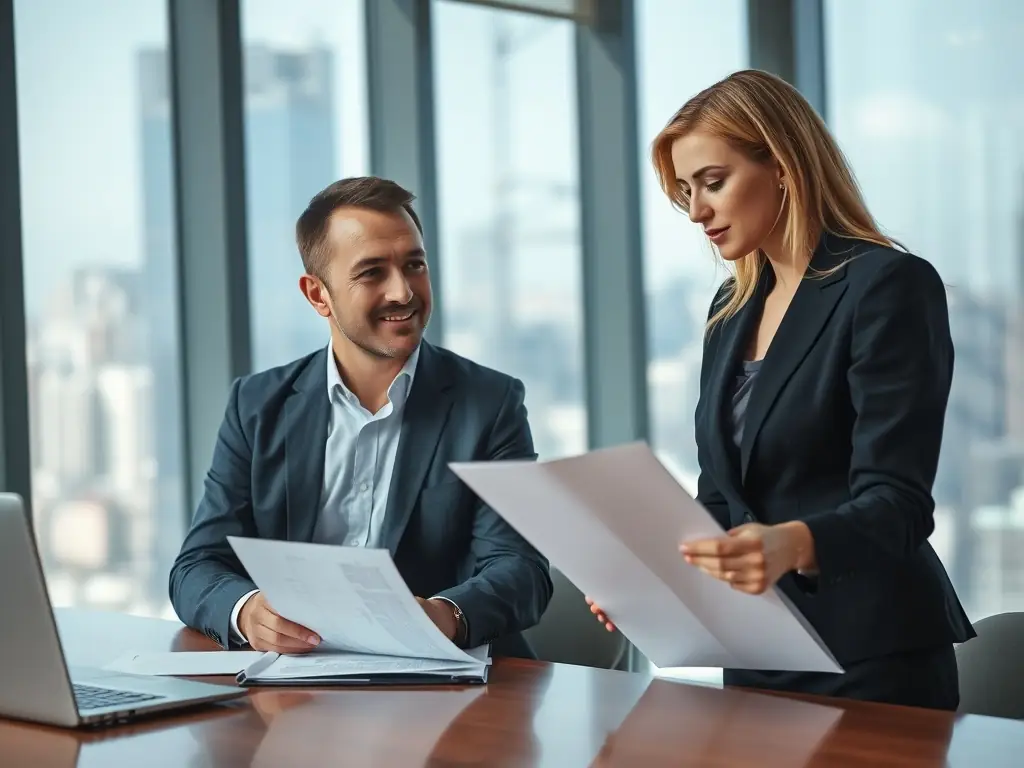 A professional business consultant in a suit reviews a process flowchart with a client in a modern office, symbolizing process improvement and operational analysis for a consulting website.