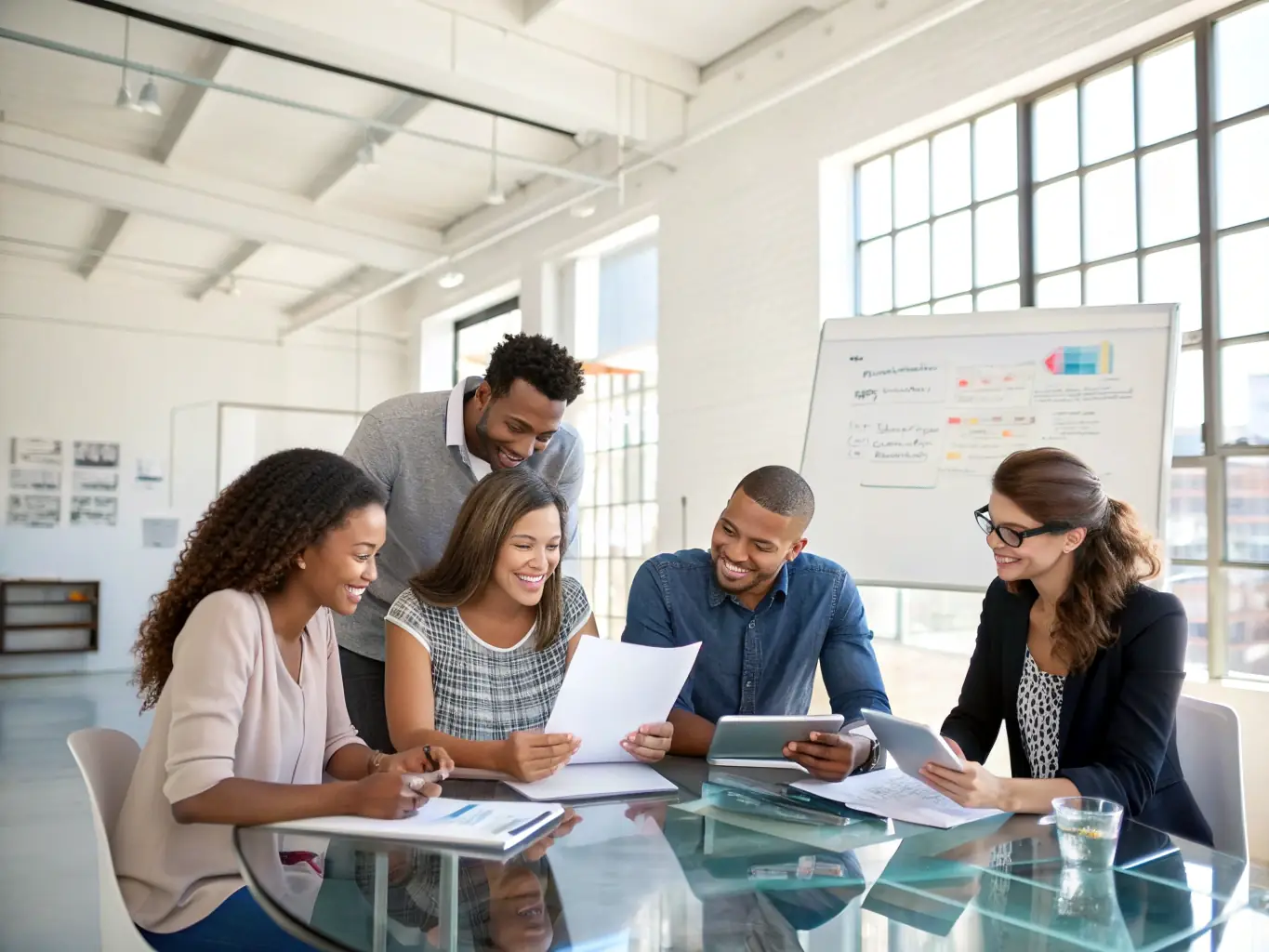 A team of executives collaborating around a conference table with digital workflow diagrams displayed on a large screen, representing workflow optimization in a business consulting context.