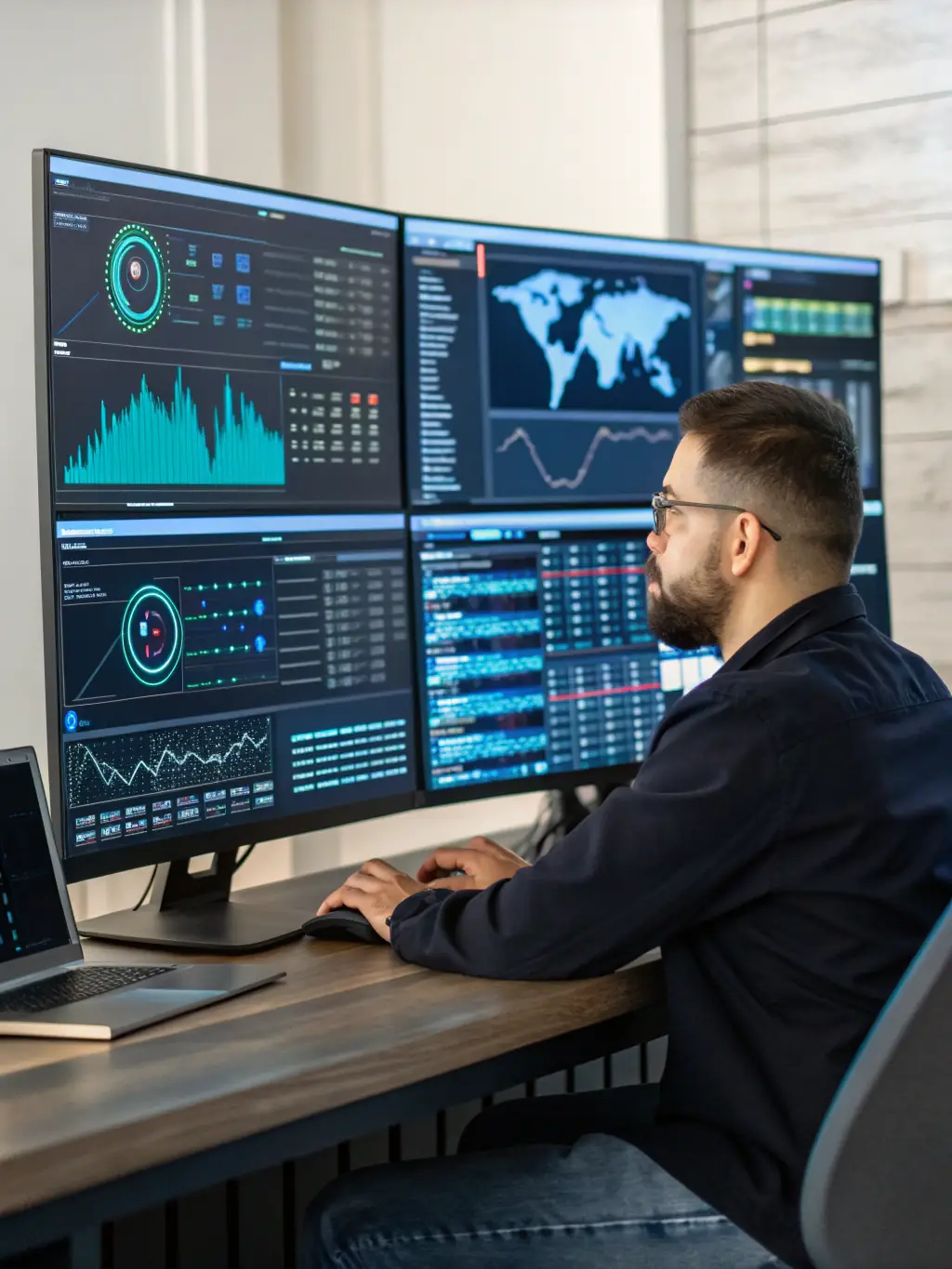 A secure office environment with a professional monitoring security dashboards, digital locks, and shield icons, representing business risk management and data protection.