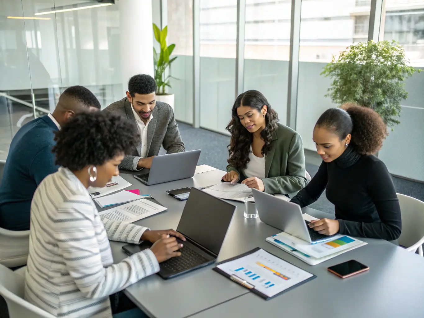 A group of diverse business professionals from different companies collaborating around a conference table, representing the synergy and resource-sharing enabled by Zenith’s partner network.