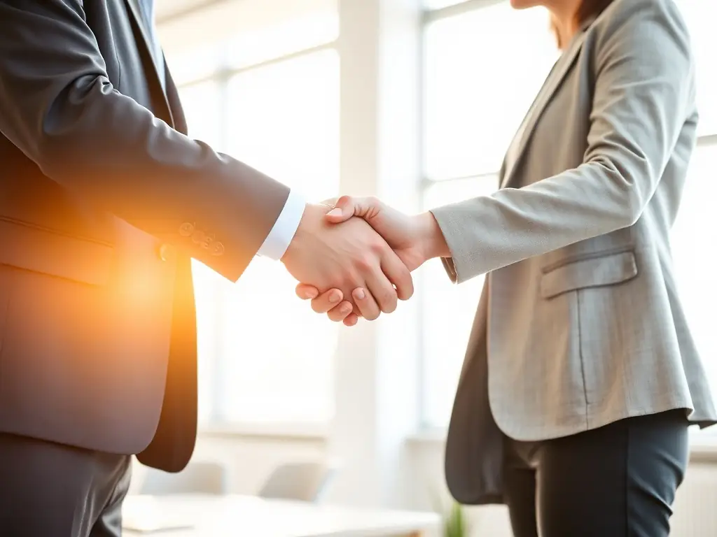 A confident business consultant shaking hands with a client in a modern office, symbolizing trust and partnership in a professional consulting context.