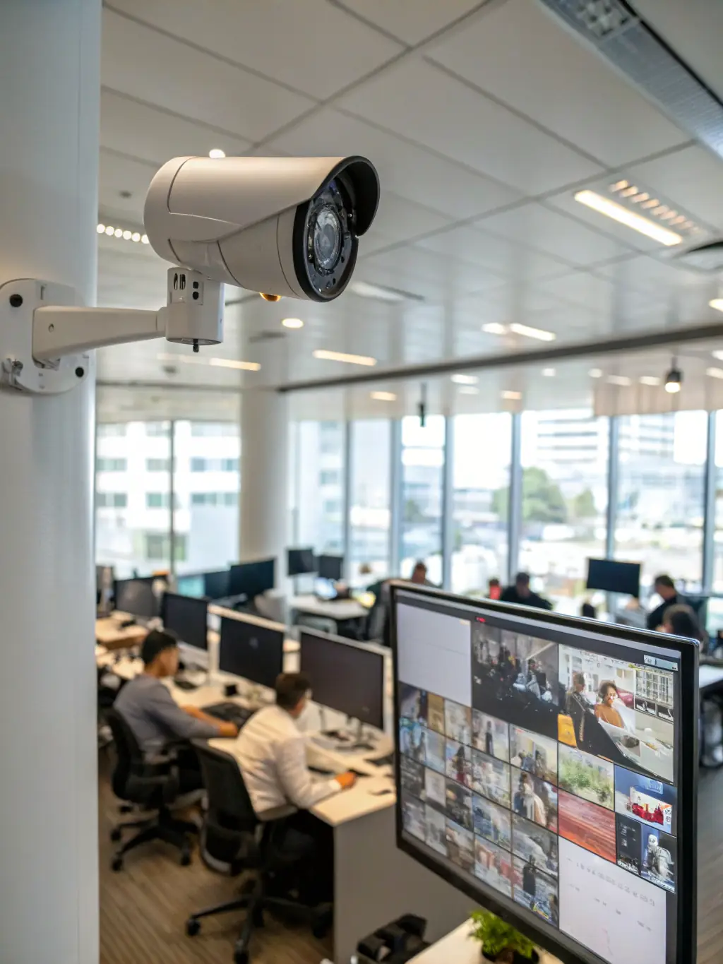 A high-resolution image of a modern video surveillance system installed in a corporate lobby, with clear focus on security cameras and a welcoming environment.