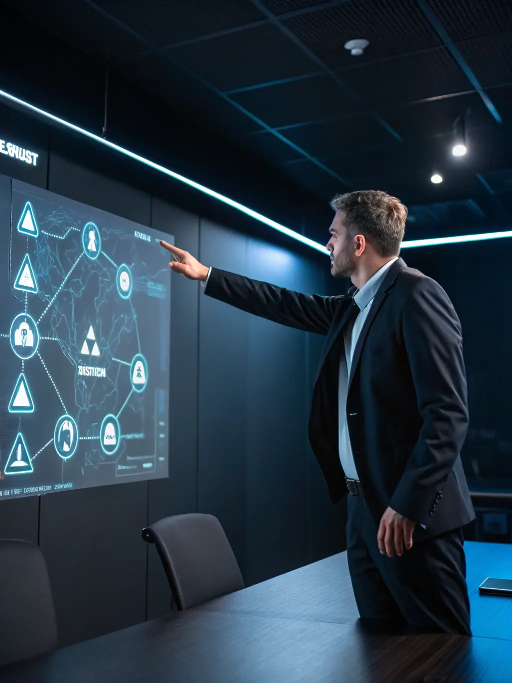 A consultant presenting a cybersecurity framework on a digital tablet to business executives in a boardroom, focusing on proactive digital protection.