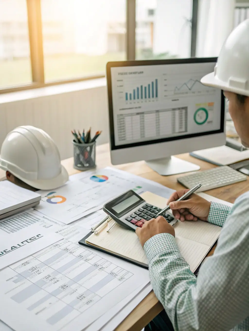 A professional reviewing financial documents and cost analysis reports at a sleek desk, with graphs and savings metrics displayed, symbolizing cost reduction and operational efficiency.