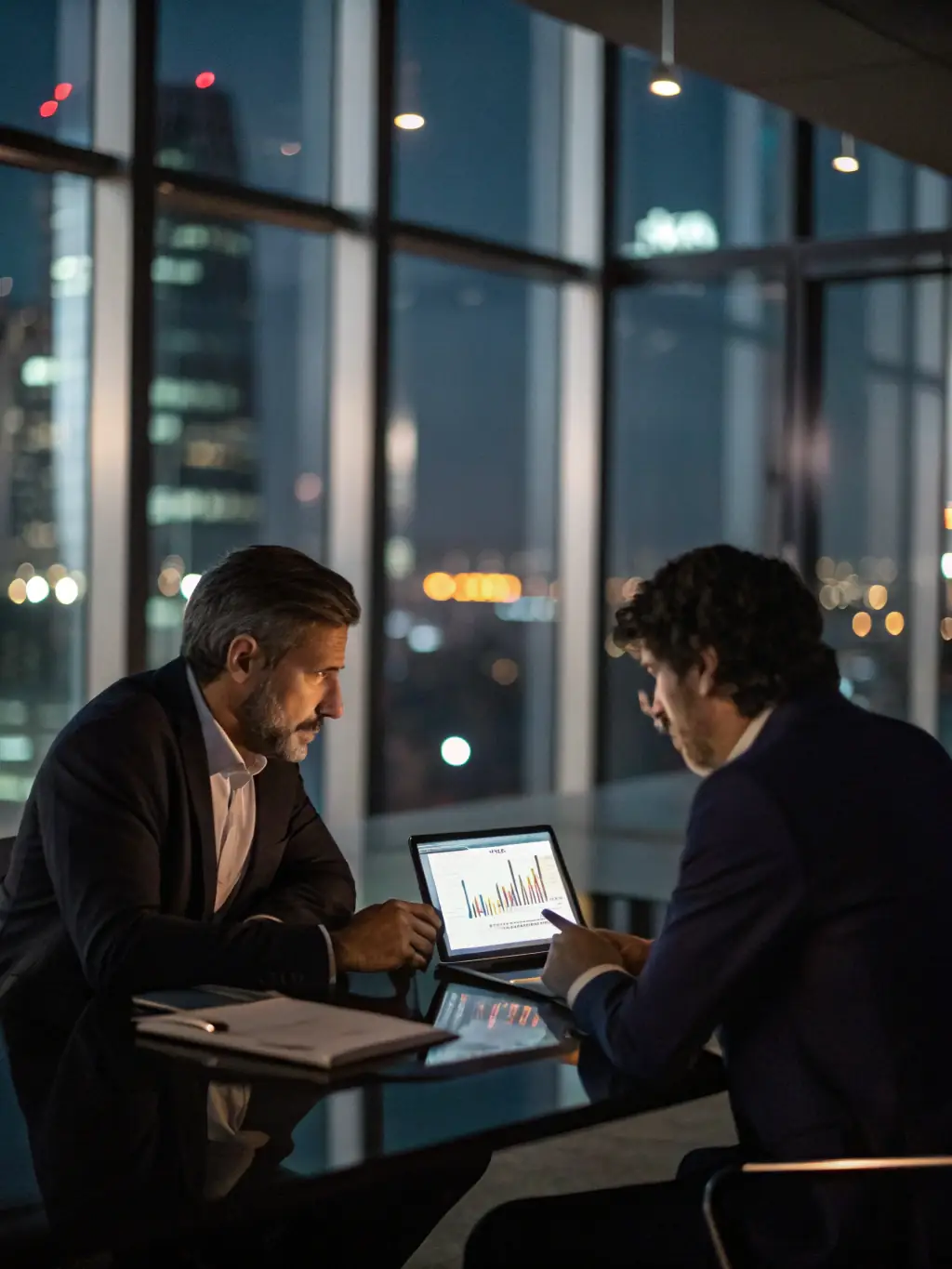 A consultant and client discussing strategy over a digital tablet, with icons for collaboration tools and analytics floating above, symbolizing strategic technology planning.