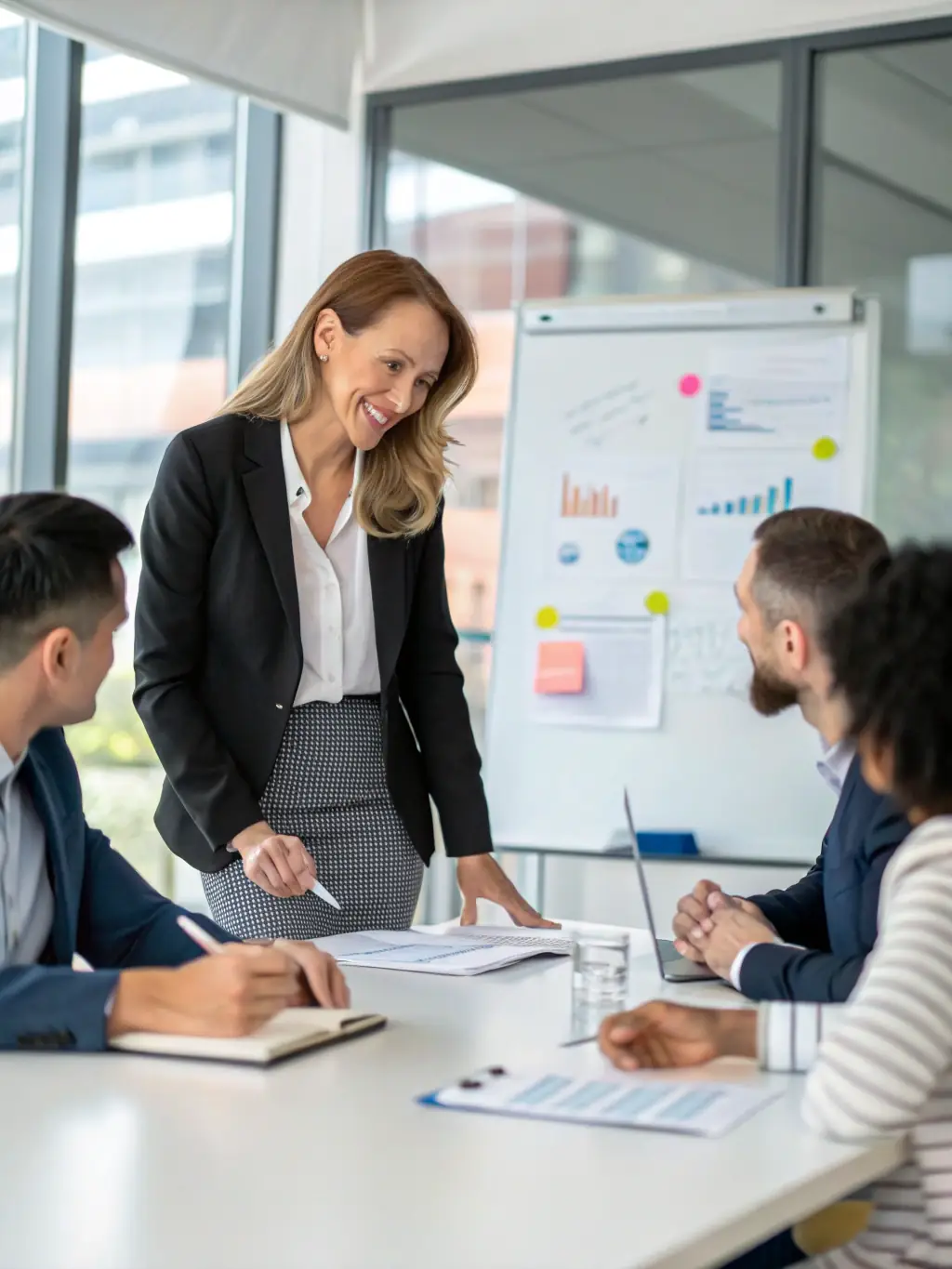 A business leader enthusiastically presenting innovative ideas to a diverse team in a sleek, modern conference room, with creative diagrams and post-it notes visible.