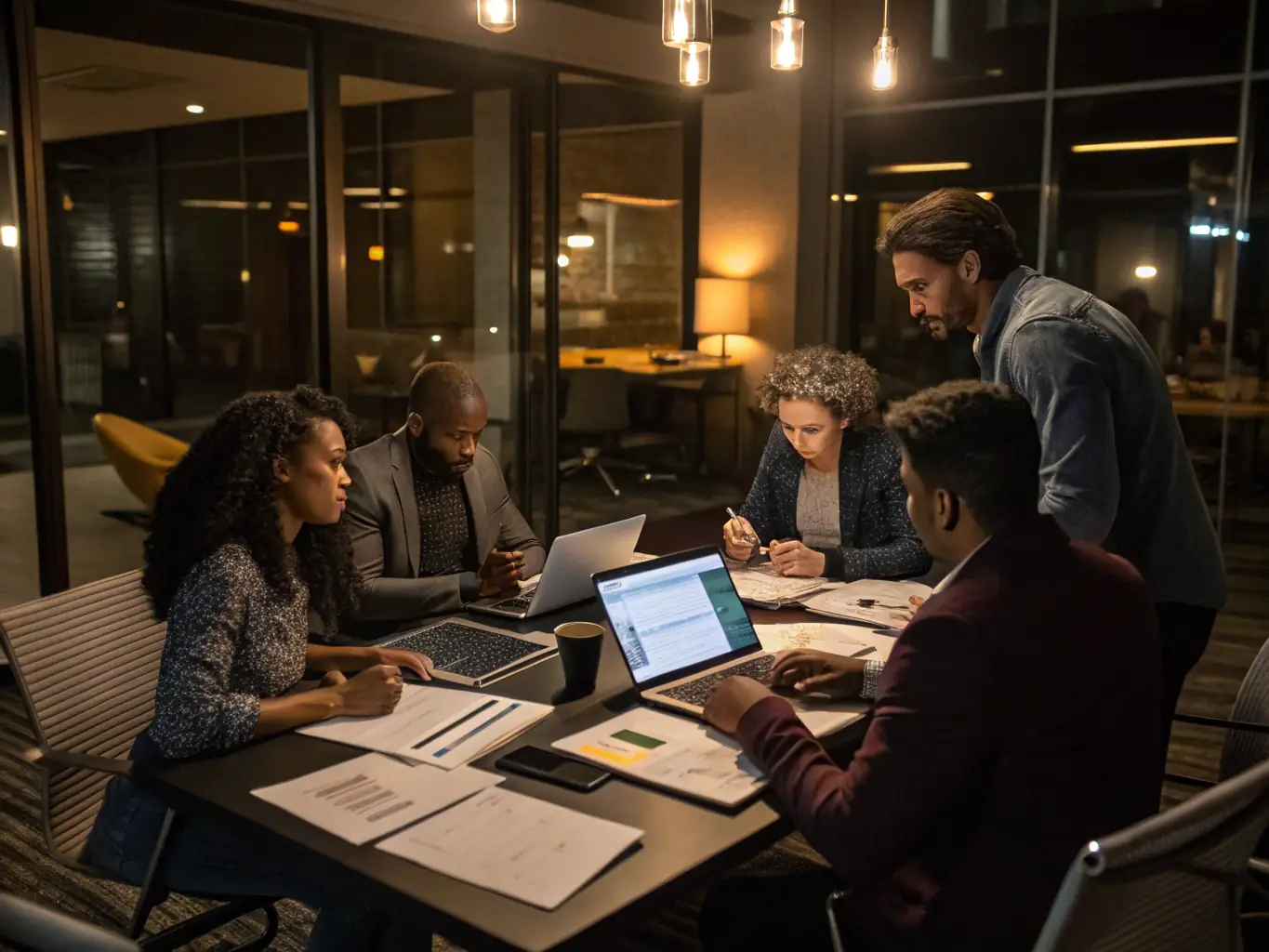 A team of experienced consultants collaborating around a conference table, brainstorming and problem-solving, illustrating expertise and strategic insight in action.