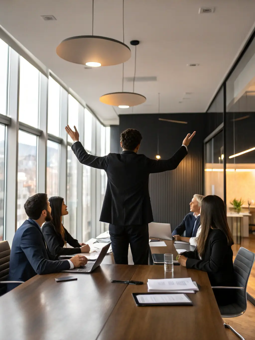 A confident business executive leading a team meeting in a modern office, with charts and strategic plans visible on a digital screen, representing strategic business planning and leadership.