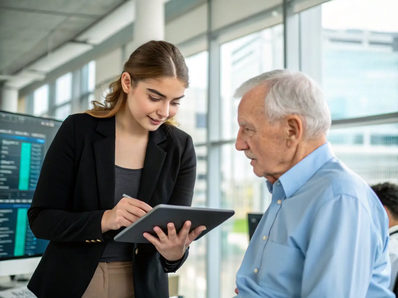 A close-up of a consultant presenting an automation strategy on a tablet to a business leader, with icons representing automation and productivity solutions, suitable for a consulting firm’s website.