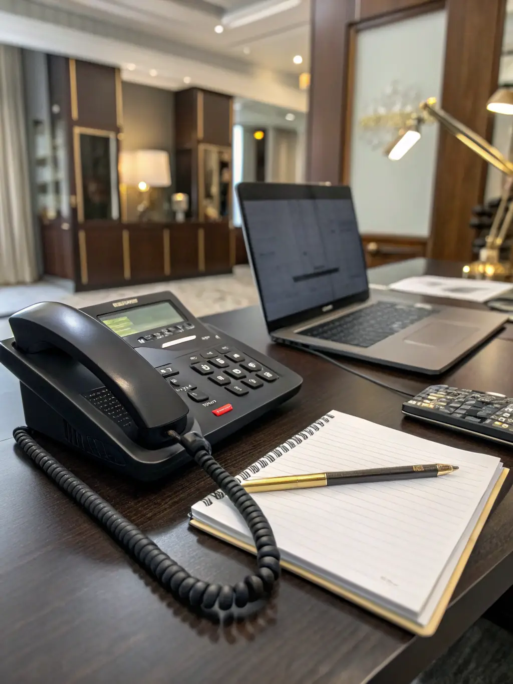 A modern office environment with professionals using multi-line business desk phones and headsets, emphasizing seamless communication in a corporate setting, representing ZPG's business phone systems.