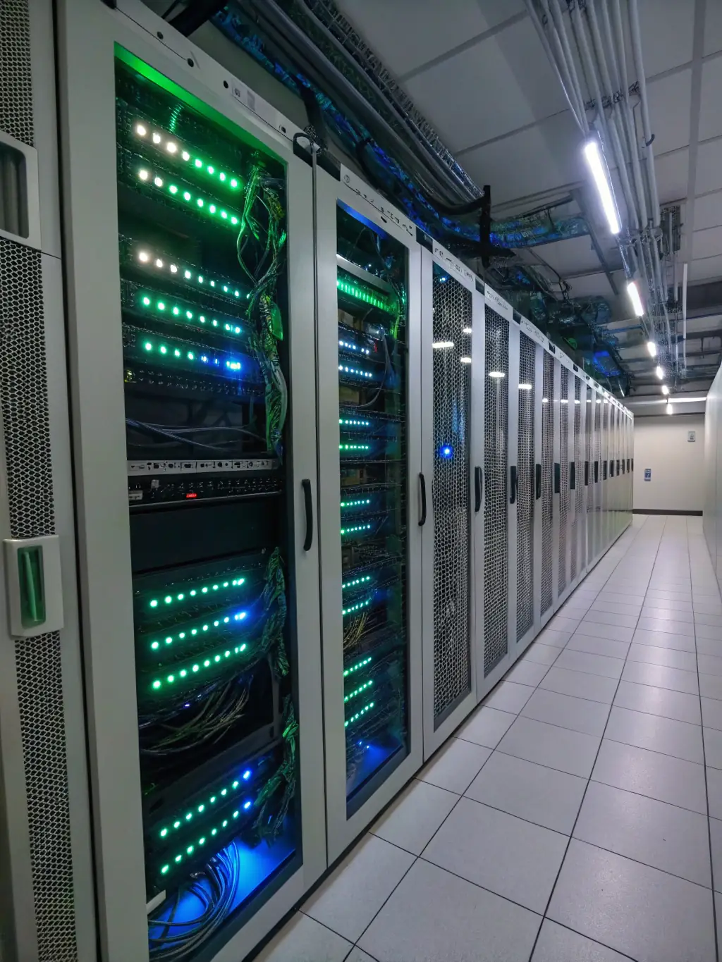 A network server room with glowing fiber optic cables and a technician checking connectivity, representing robust business internet infrastructure.