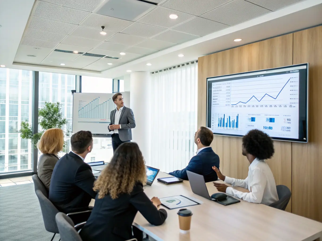 A consultant presenting a technology roadmap to business leaders in a conference room, with charts and diagrams illustrating strategic technology planning and alignment with business objectives.