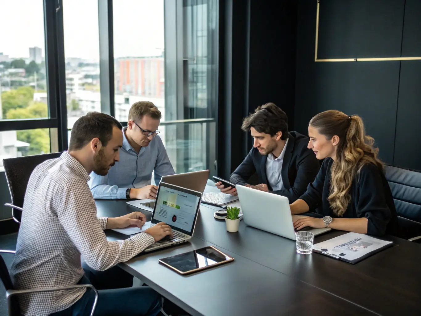 An image of a team video conferencing on multiple devices in a modern conference room, representing UCaaS and cloud communications for business collaboration.