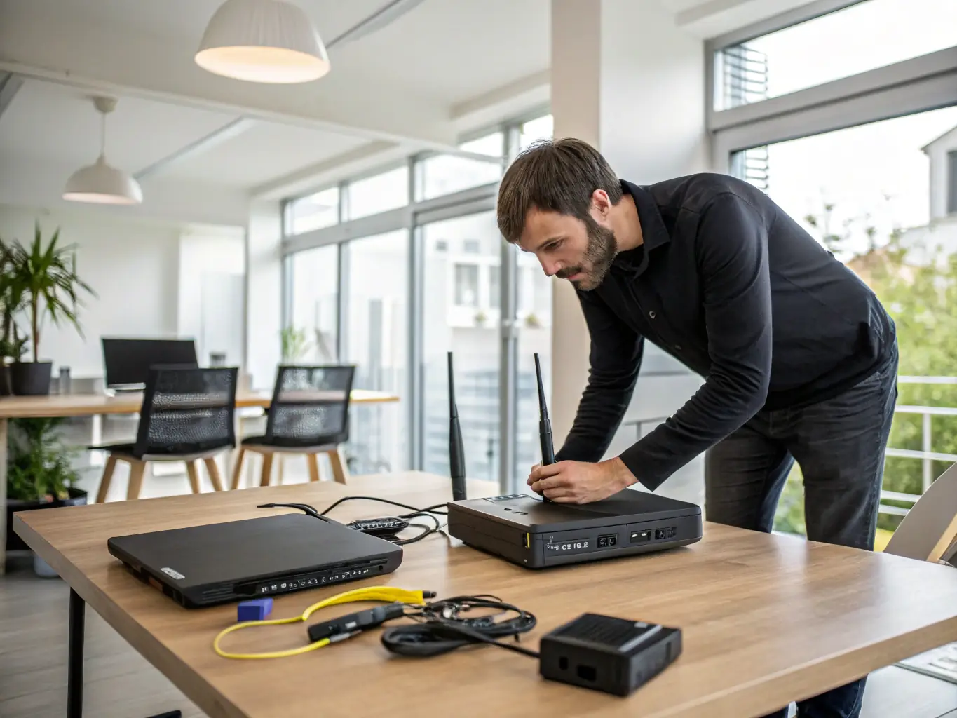 An image of a technician installing high-speed internet equipment in an office environment, highlighting business internet and connectivity services.