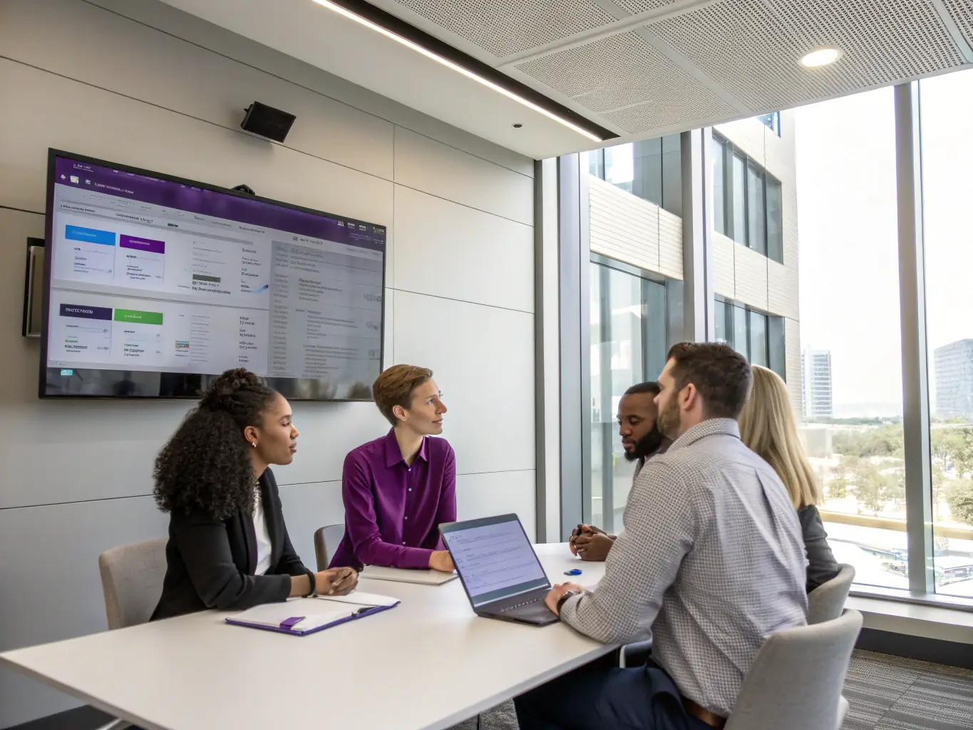 A modern office environment with professionals collaborating around laptops and digital screens displaying cloud-based business software dashboards, representing seamless SaaS integration and productivity.