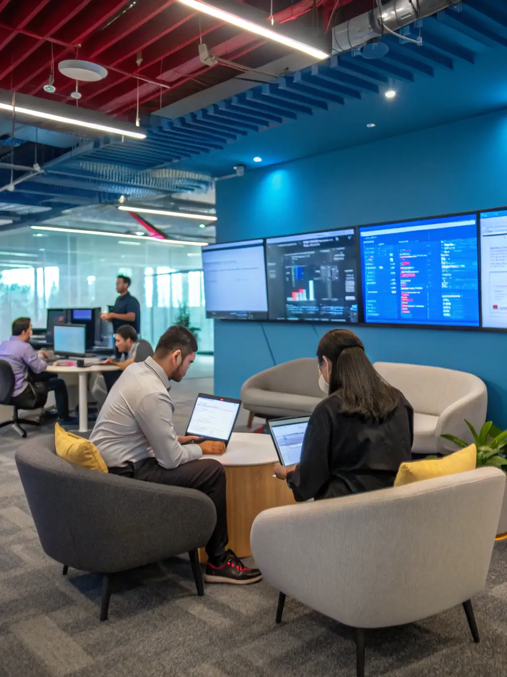 A collaborative workspace with employees on video calls, instant messaging, and sharing documents, illustrating unified communications in action.