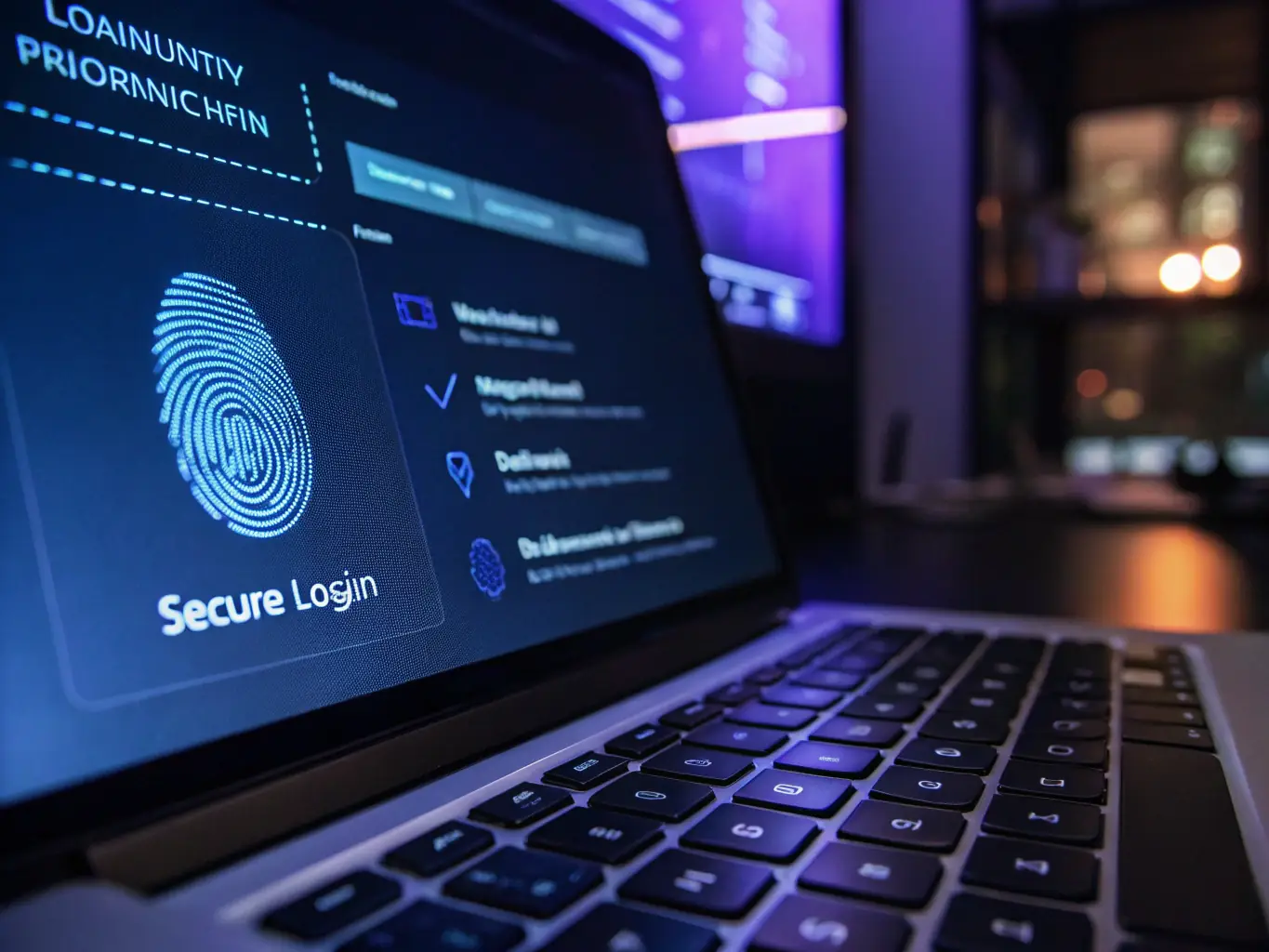A close-up of a secure login screen with multi-factor authentication, overlaid with digital shield icons, symbolizing robust cybersecurity measures and proactive threat protection for businesses.