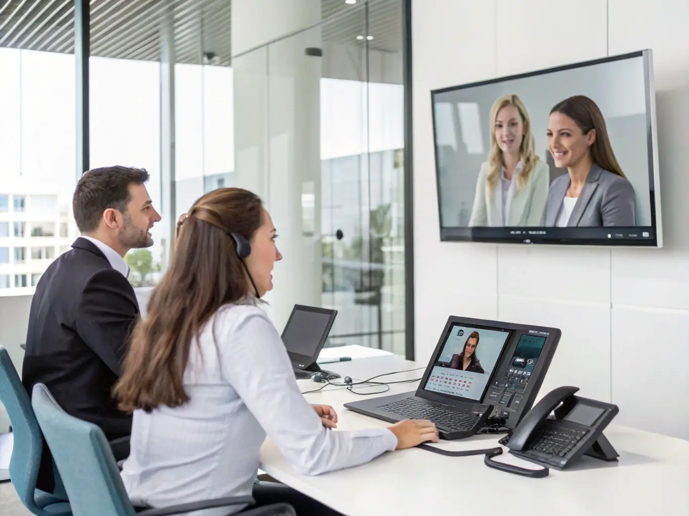 An image of a modern office desk with multiple communication devices and a team collaborating over a VoIP call, used to illustrate business phone and VoIP solutions on the Zenith Point Group website.