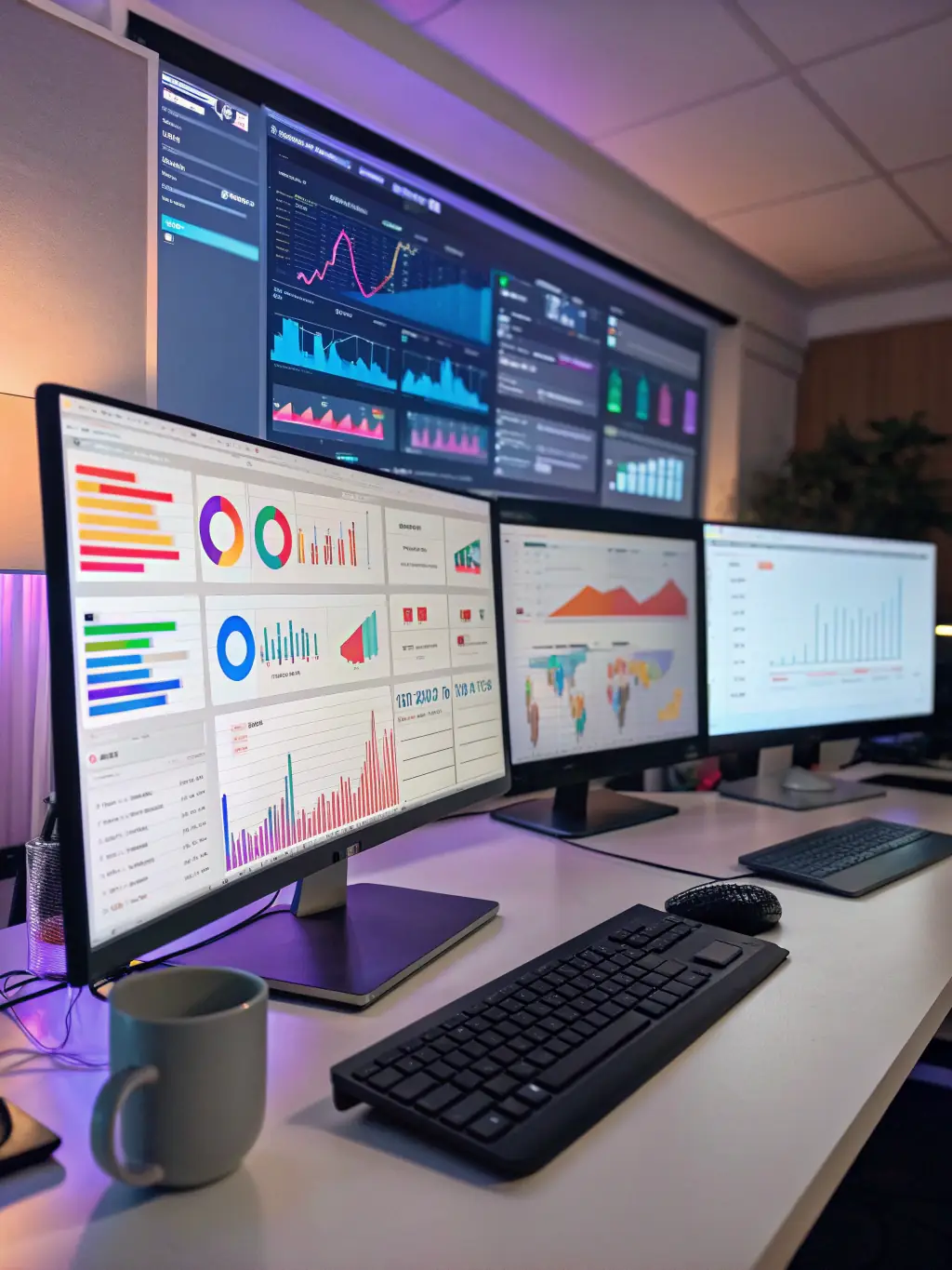 A business professional reviewing cloud-based dashboards and SaaS applications on a large monitor, representing business technology solutions in a modern workspace.