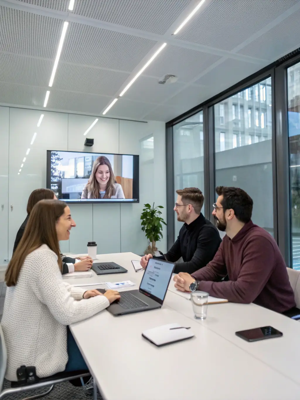 A team collaborating via video conference on laptops and mobile devices, illustrating unified cloud communications in a business context for a technology solutions website.