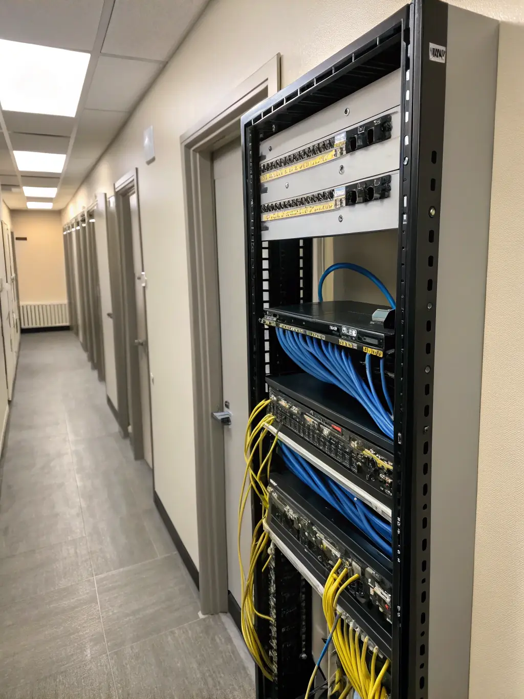 A close-up of high-speed internet equipment and network cables in a professional office, symbolizing robust business internet connectivity for a telecommunications provider.