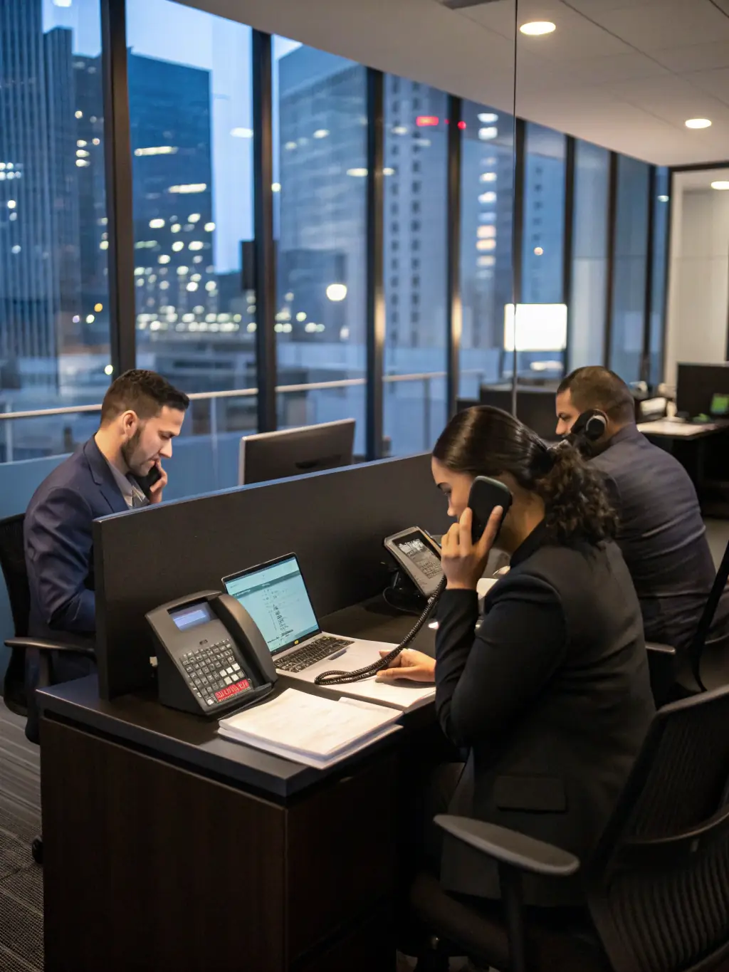 A modern office environment with professionals using desk phones and headsets, representing a business phone system in a corporate setting for a telecommunications services webpage.